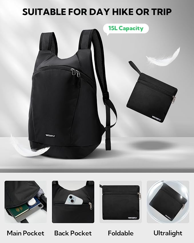 WATERFLY Foldable Lightweight Hiking Backpack: 15L Packable Traveling Daypack Men Women Ultralight Thin Casual Day Pack Bag for Outdoor Sports Camping Beach Park (Black)