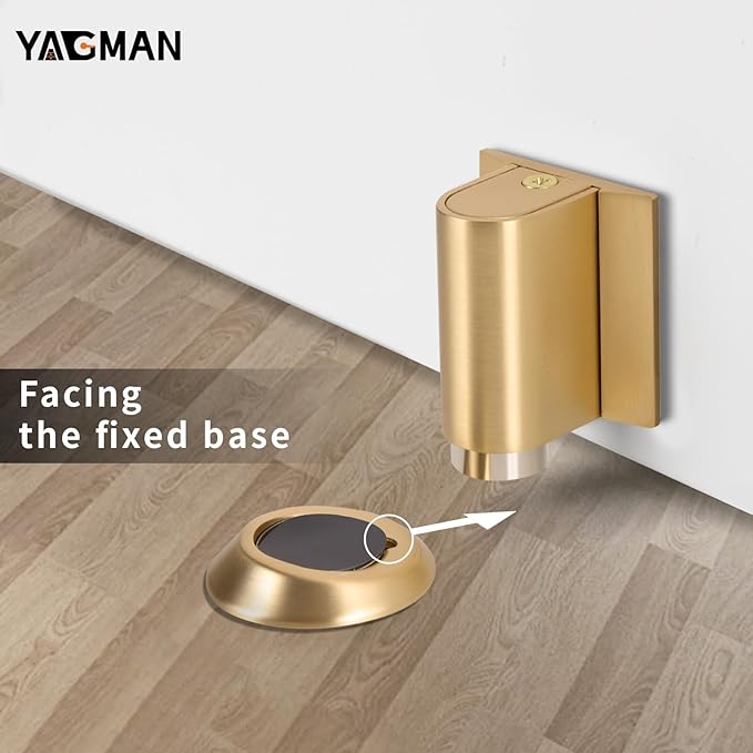 2 Pack Magnetic Door Stoppers Retractable Bottom of Door Holder No Drilling Mount Floor Door Stop with Screws and Adhesive Catch Door Keep Door Open Brushed Gold BG-2