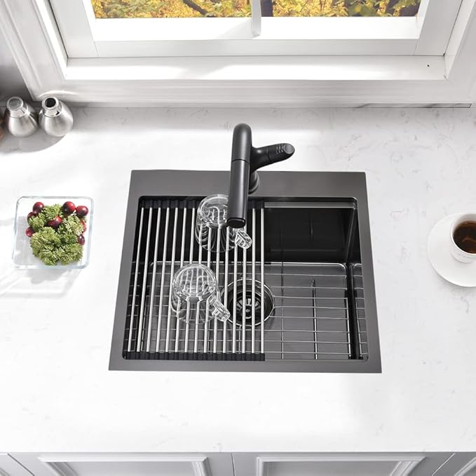 21 Inch Drop In Bar Sink- Bokaiya 21x20 Black Stainless Steel Drop In Wet Bar Outdoor RV Sink Topmount 16 Gauge Single Bowl Kitchen Sinks with Cutting Board