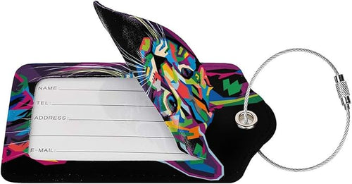2-Pack Artistic Cat Luggage Tags for Suitcases, Leather Art Style Colorful Animal Baggage Tag with Loop, Funny Cool Name ID Card Cover Travel Bag Labels Set for Women Men Boys Girls Kids