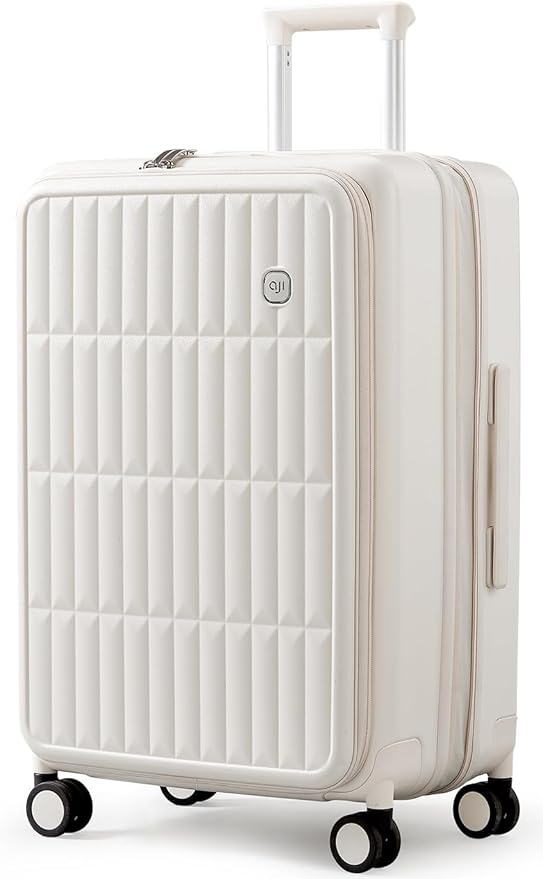 aji Expandable Top Open 26 Inch Checked Luggage with Spinner Wheels, Large Suitcase with TSA Lock, Hardside Travel Luggage Suitcases for Men Women, for 24+Days Travel, Coconut White