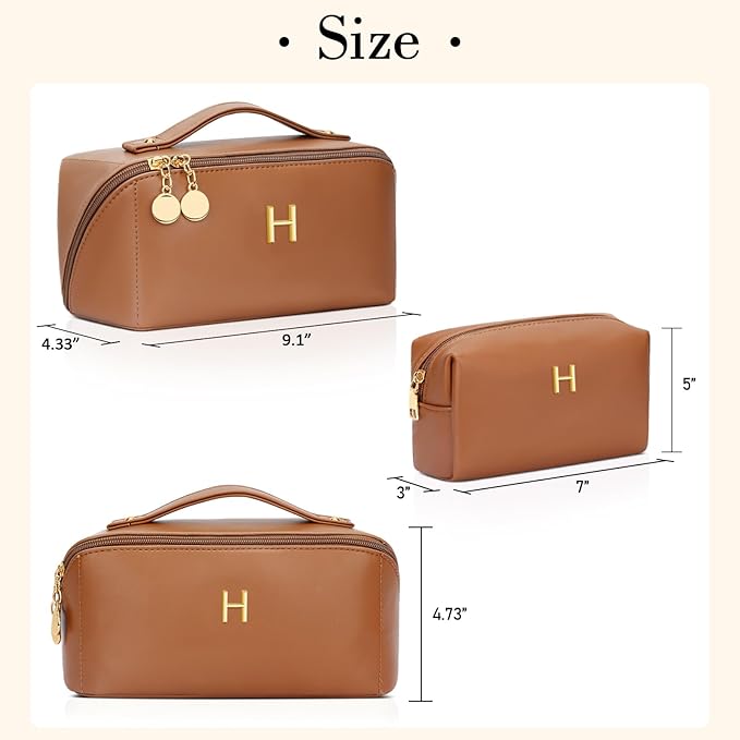 Birthday Gifts for Women Teen Girl, Personalized Initial Makeup Organizer Bag Set, Open Flat Travel Cosmetic Bag With Clear Divider and Handle(Brown,H)