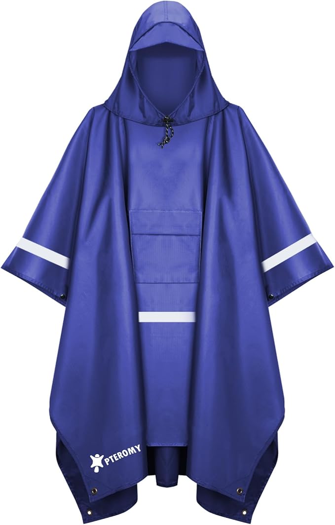 PTEROMY Hooded Rain Poncho for Adult with Pocket, Waterproof Lightweight Unisex Raincoat for Hiking Camping Emergency