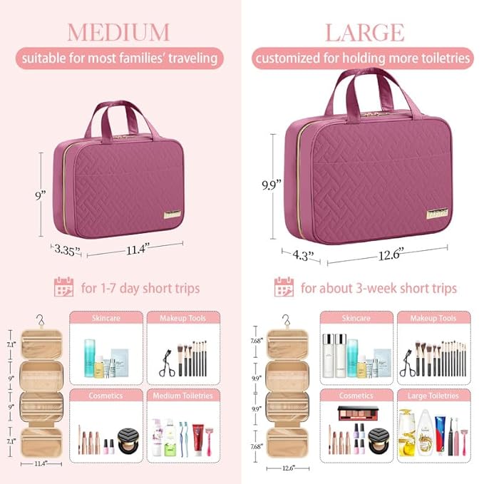 HOTOR Travel Toiletry Bag w/Hanging Hook - Spacious Toiletry Bag Essentials for Women & Men, Makeup Bag/Big Comparment, Waterproof for Travel Accessories, Medium, Rosewood-Pink