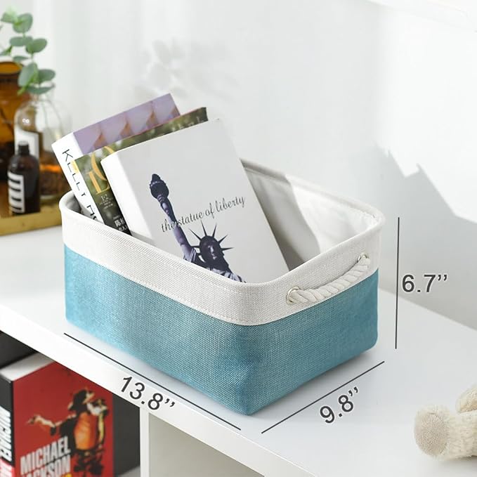 TheWarmHome Fabric Storage Bin with Handles,Storage Basket for Home Storage and Organization, Shelf Basket with Cover for Living Room Bedroom Closet（White & Green Medium 13.8L×9.8W×6.7H