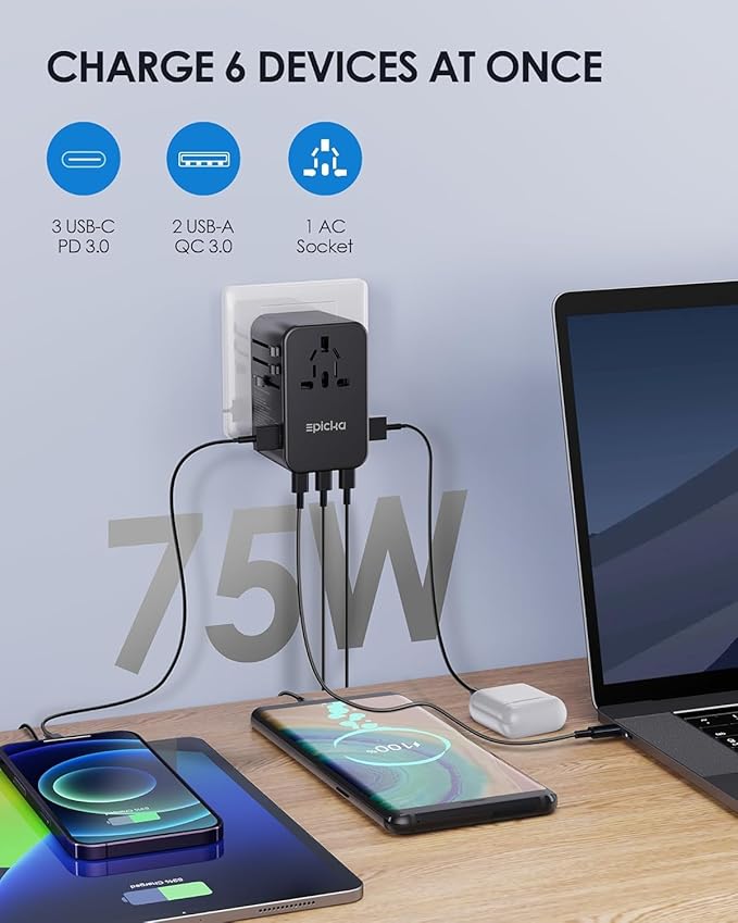 EPICKA Universal Travel Adapter, GaN 75W International Plug Adapter with 3 USB-C PD Fast Charging & 2 USB-A Quick Charging Adaptor All-in-one Wall Charger for USA EU UK AUS (TA-105 Max, Black)