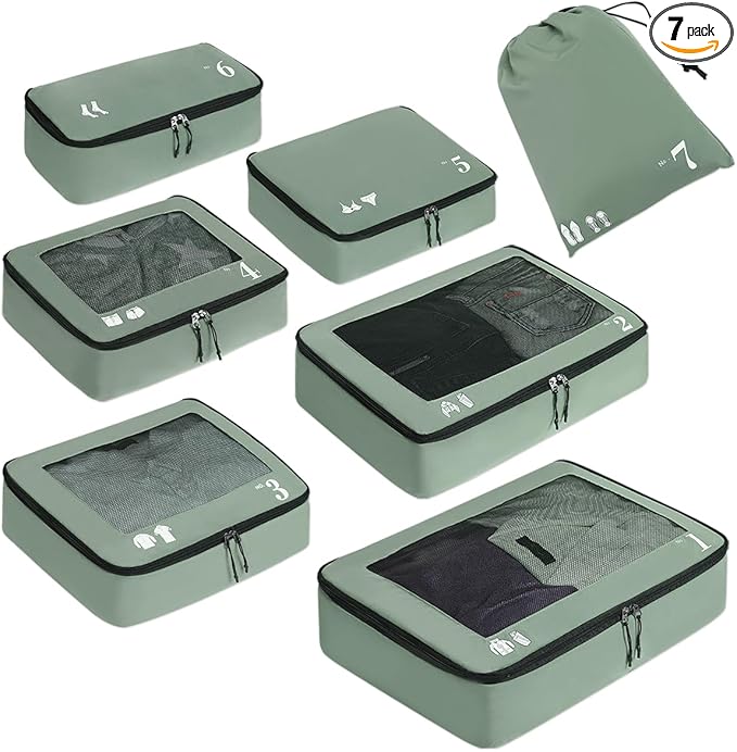 ECOHUB 7 Set Packing Cubes Tear-Resistant Luggage Packing Organizers with Number Icon for Travel Accessories Luggage Suitcase Machine Washable Packing Cubes (Green)