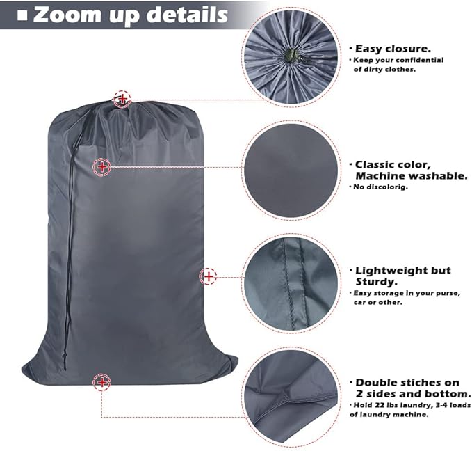 Washable Travel Laundry Bag with Drawstring (3 Pack), Large Dirty Clothes Bag Fit a Laundry Basket or Clothes Hamper, Enough to Hold 4 Loads of Laundry,26x39 inches Grey 3