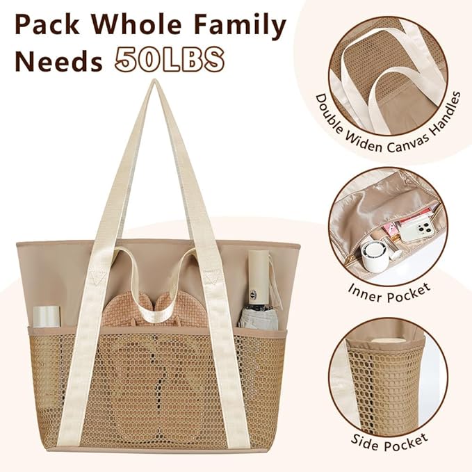 Waterproof Sandproof Beach Bag with Zipper and 6 Pockets - Foldable Lightweight Tote for Pool, Travel
