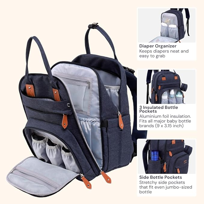 BabbleRoo Diaper Bag Backpack - Baby Essentials Travel Tote - Multi Function Water Resistant Diaper Bag, Travel Essentials Baby Bag with Changing Pad, Stroller Straps & Pacifier Case - Navy Blue
