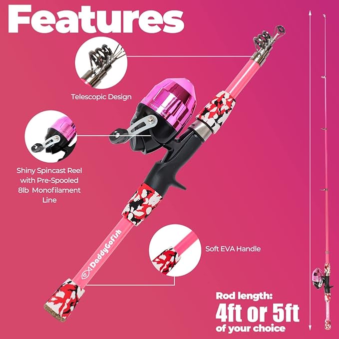 DaddyGoFish Kids Fishing Pole - Rod Reel Combo Tackle Box Starter Set - First Year Small Gear Kit for Boys Girls Toddler Youth Age Beginner Little Children