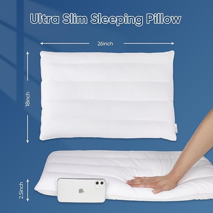 MINUPWELL Ultra Flat Pillows for Sleeping Thin, 7D High Support 2.5 inch Height Ultra Thin Pillows,Slim Bed Pillows for Stomach Sleeper,Standard Size -18x26 in