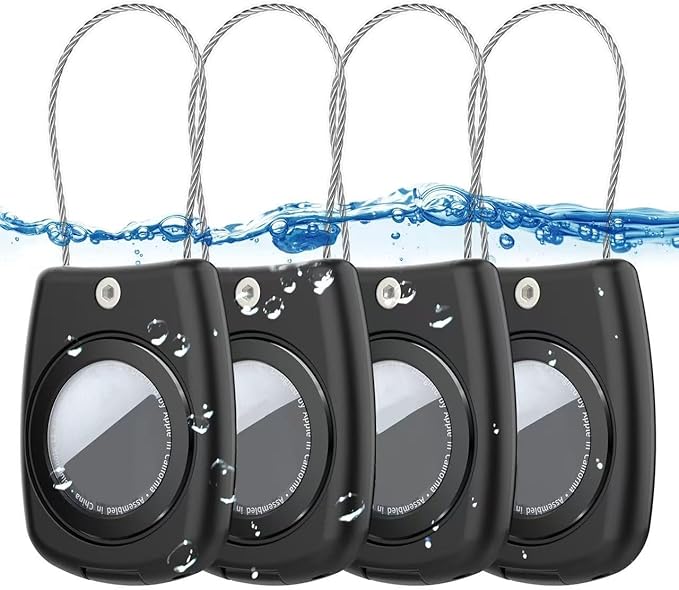 IPX8 Waterproof Airtag Holder Air Tag Case with Keychain, 4-Pack AirTags All-Round Protect Case for Apple Tag Tracker, Air Tags Holder for Luggage, Key, Pet, Backpack, 4 Black