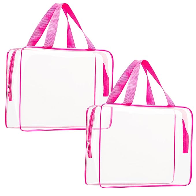 2Pcs Crystal Clear PVC Travel Toiletry Bag Kit for Women Men, Waterproof Vinyl Packing Organizer Storage Bags with Zipper Handle Straps, Cosmetic Pouch Carry on Airport Airline Compliant Bag Handbag