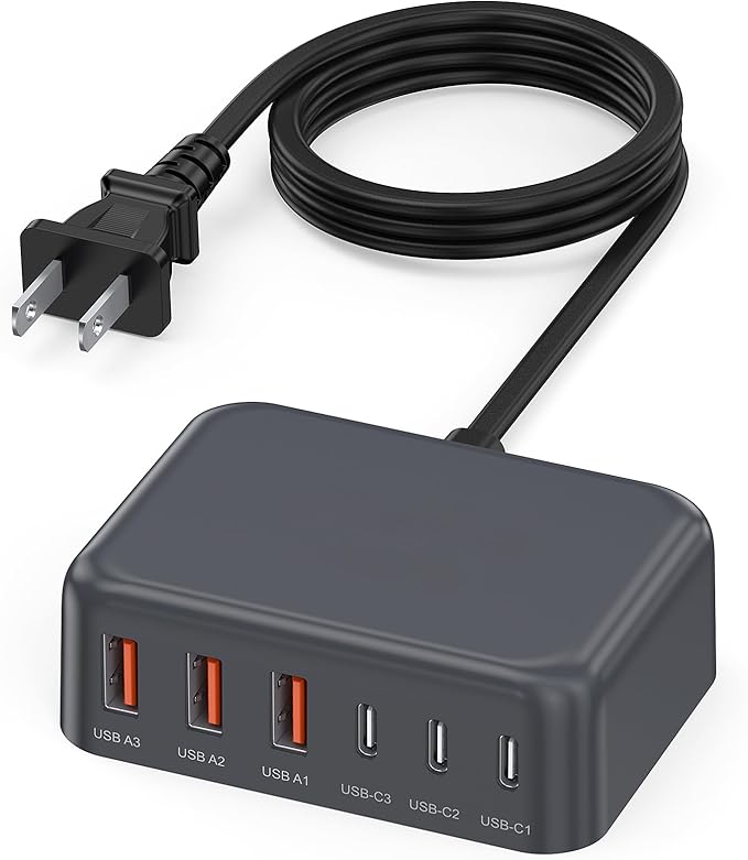 USB C Charger Block, 100W GaN 6 Port PD USB C QC USB A Wall Charger Adapter Plug Cube, Super Fast Type C Charging Station Hub for iPhone 16 15 14 13 12 Pro Max iPad Samsung Pixel 5ft Extension Cord
