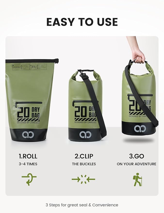 Lamicall Dry Bag Waterproof Backpack - [Zippered Pocket] 5L/10L/20L/30L/40L Roll Top Waterproof Bag with Water Proof Phone Pouch, Floatable Drybag for Swimming, Boating, Kayaking, Camping, Beach