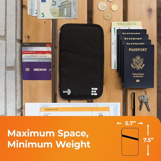 Passport Holder Family up to 6 Passports, Large Passport Wallet and Premium Travel Document Holder Organizer with RFID Anti-Theft Blocking - Black