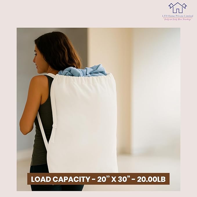 LFH Home Cotton Canvas Large Laundry Bag with Handle, Heavy Duty Drawstring Closure Washable Laundry Bags, School Travel, Home, Hotel, College Dorm, Organizer Sack, Toy Clothes 28x36 (Pack of 4)-White