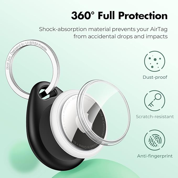 UNBREAKcable 360° Protective Case for AirTag, [2-Pack] AirTags Keyring Holder, Scratch-Resistant, Lock Design, Keychain for AirTag, TPU Full Cover Case for Key, Bag, Luggage, Pet Collar (Black&Green)