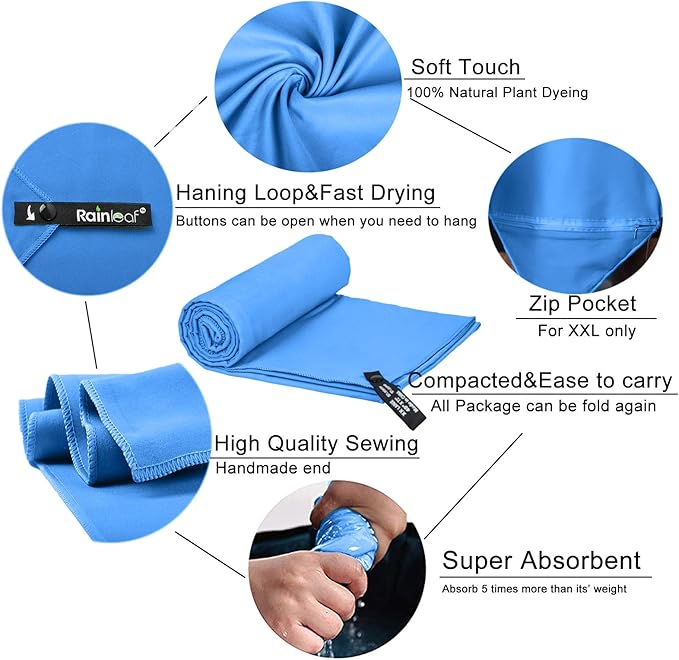 Rainleaf Microfiber Towel Perfect Travel & Gym & Camping Towel. Quick Dry - Super Absorbent - Ultra Compact - Lightweight. Suitable for Trip, Beach, Shower, Backpacking, Pool