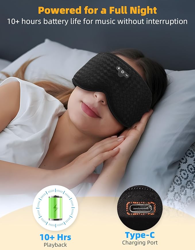 3D Contoured Sleep Mask with Bluetooth Headphones, Adjustable Blackout Sleeping Mask, Easy Installation Sleeping Headphones with Ultra-Thin Stereo Speakers for Men, Women - Embroidered Blue