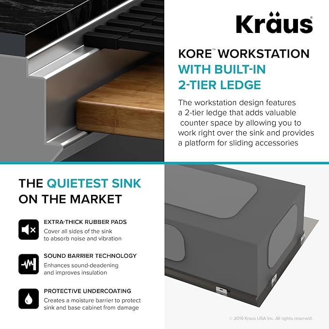 KRAUS Kore Workstation 45-inch Undermount 16 Gauge Stainless Steel Kitchen Sink, Single Bowl Kitchen Sink with Accessories, KWU120-45
