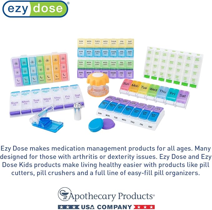 EZY DOSE Weekly (7-Day) AM/PM Pill Organizer, Daily Vitamin Container and Medicine Box, Large Pop-Out Compartments, Designed for Travel, 2 Times a Day, Blue and Yellow Lids