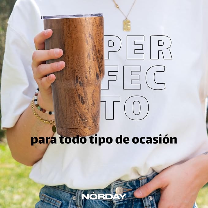 NORDAY | Tumbler with Lid - 30oz - Wood Insulated Tumbler - Stainless Steel Tumblers - Double Wall Vacuum Insulated Travel Coffee Mug for Car Cup Holder - Keeps Temperature for 24hr - Anti Spill Lid