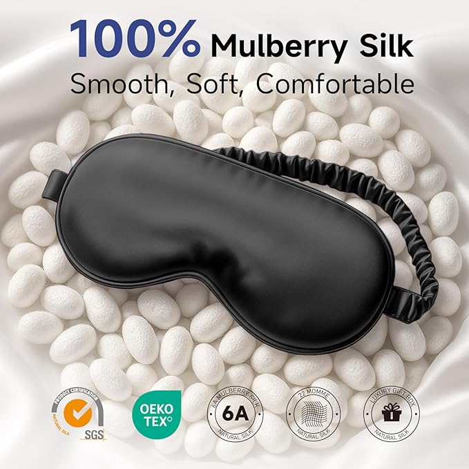 Umisleep 100% Pure Mulberry Silk Sleep Mask, 22 Momme 6A Soft & Smooth Fibers, Breathable Eye Mask for Women & Men, Better Light Blocking Sleeping Mask with Travel Pouch, Adjustable Blindfold, Black