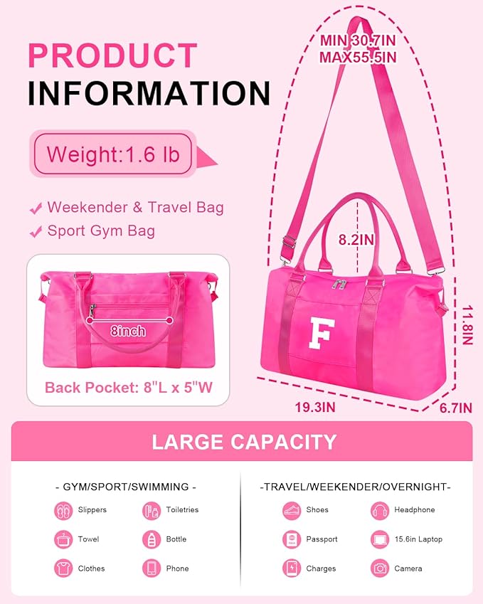 Overnight Bag for Kids Teen Girls Weekender Dance Bag Birthday Graduation Gifts,Initial Travel Duffel Bag Sports Gym Bag Personalized Weekender Bag Carry On Bags Preppy Gifts for Women(Hot Pink, F)