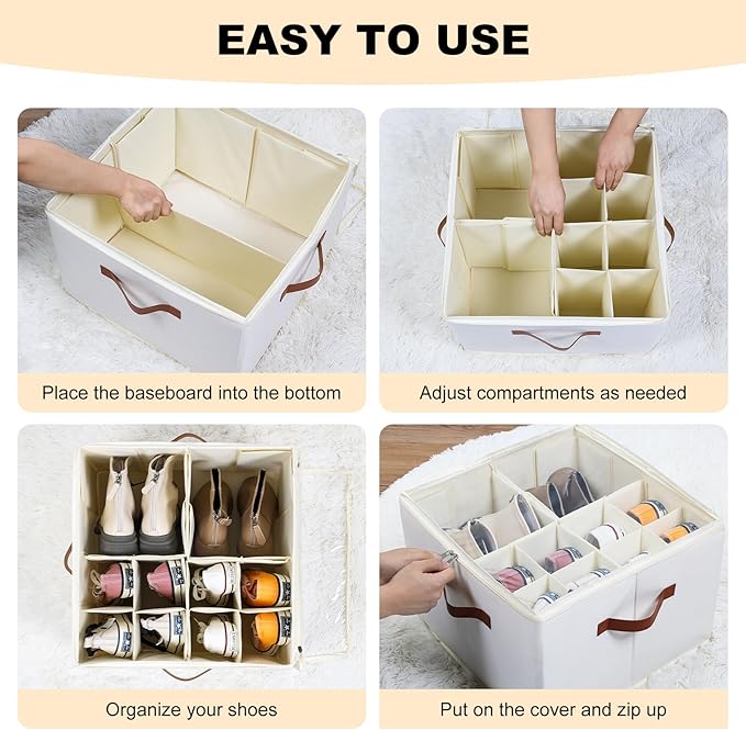 Shoe Organizer for Closet, Foldable Shoe Storage Bins with Clear Cover, Large Shoe Box Storage Container with Adjustabele Dividers, Fits up to 16 Pairs, White
