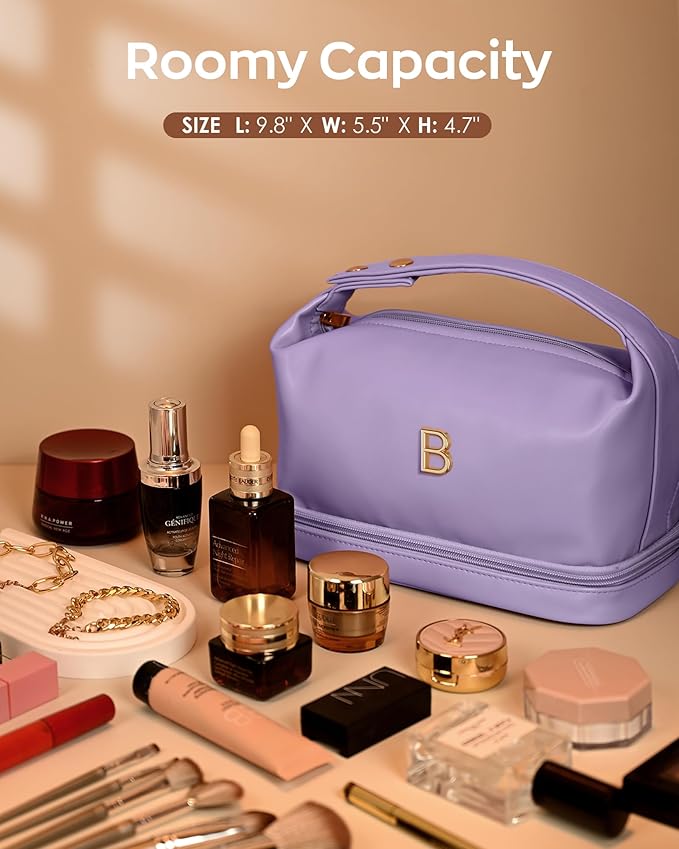 Birthday Gifts for Girls, Makeup Bags, Personalized Double Layer Cosmetic Bag with Makeup Brush Organizer, Gift for Her，PU Leather Travel Toiletry Bag, Travel Stuff for Girls