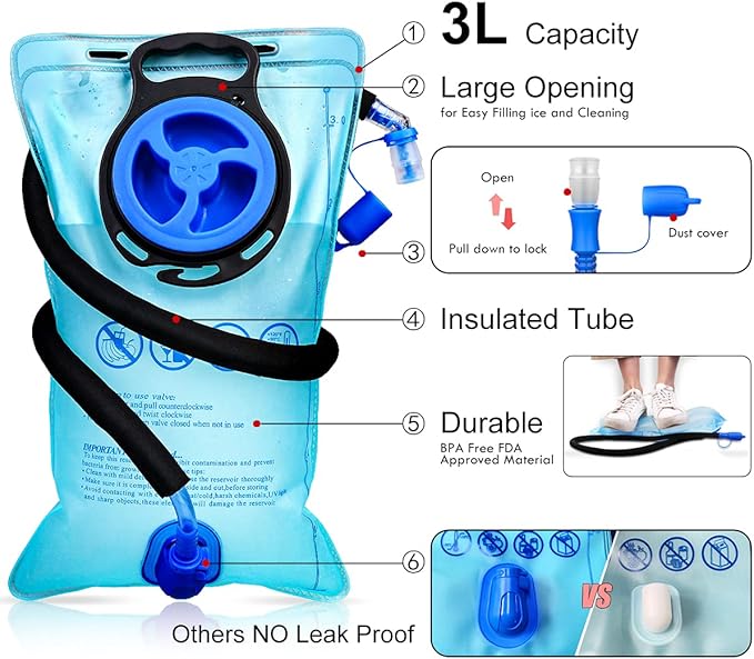 Insulated Hydration Backpack Pack with 3L BPA Free Leak Proof Water Bladder, Large Storage Lightweight Hiking Daypack with Waist Pouches & Cooler Layer, for Running, Biking, Camping, Festival