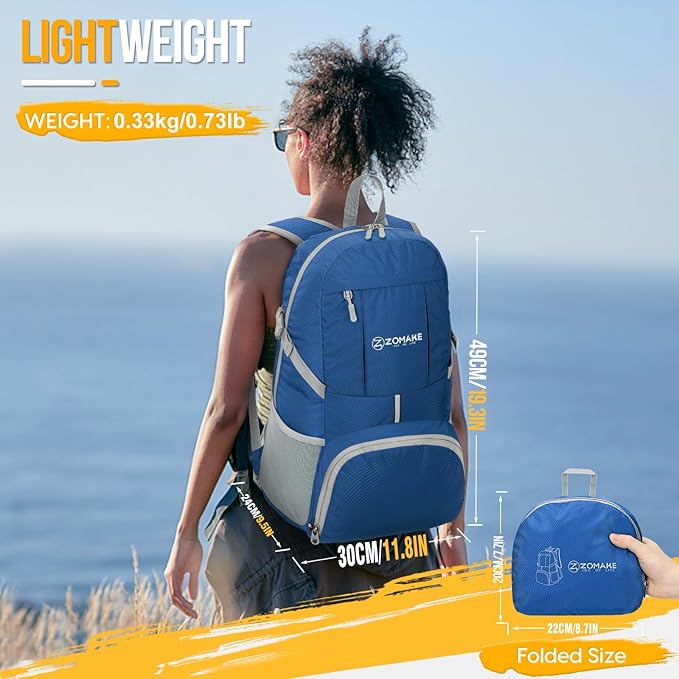 ZOMAKE Lightweight Packable Backpack 35L, Light Foldable Backpacks Water Resistant Collapsible Hiking Bag, Compact Folding Day Pack for Travel Camping(Dark Blue)