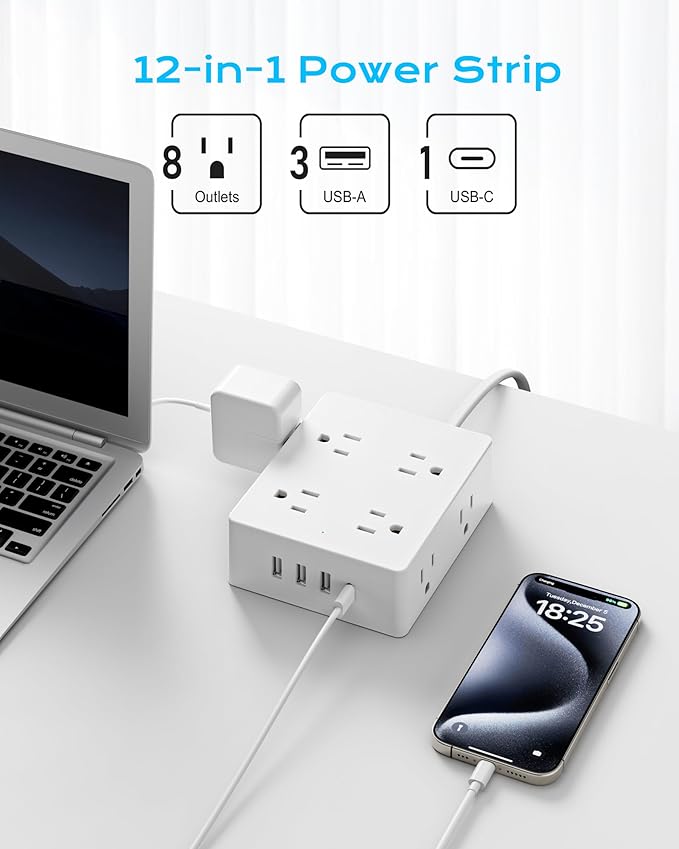 Italy Travel Plug Adapter, Olcorife US to Italy Type L Plug Adapter, International Power Strip with 8 Outlets and 4 USB(1 USB-C), 5 FT Cord for Italy Chile Ethiopia Libya
