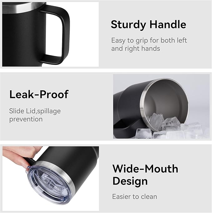 HASLE OUTFITTERS 20oz Tumbler Bulk with Lid, Stainless Steel Tumbler Bulk with Handle, Metal Insulated Travel Coffee Mug Set with Handle, Double Wall Vacuum Leak Proof Tumbler Cup, Black 6 Pack