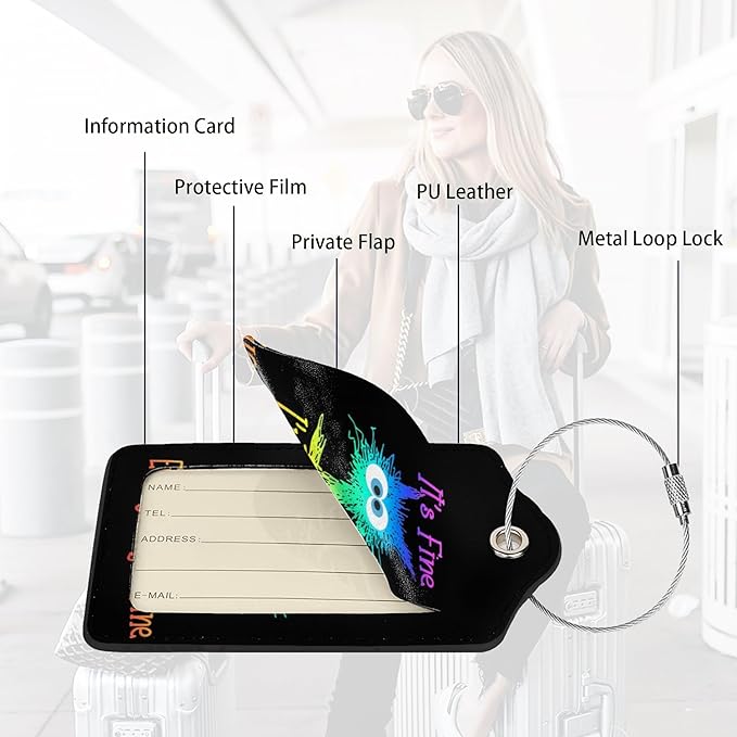 2 Pack Luggage Tags for suitcases Cute Funny I'm Fine It's Fine Color Luggage Tag, Leather Stainless Steel Loop Label Tag for Men Women Travel Bag Suitcase（Black Laser）