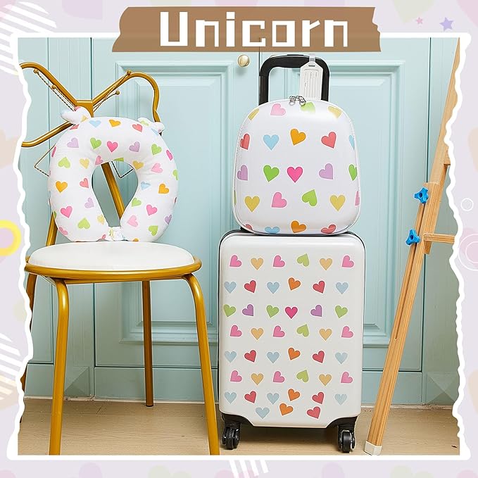 Sanwuta 4 Pcs Kids Luggage Set Kids Backpack Travel Rolling Suitcase with Wheels U-shape Pillow Childrens Gift for Girls Boys(17 Inch,Heart Style,White)