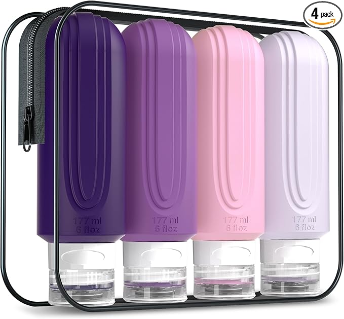Travel Bottles for Toiletries, Large 6oz Oversize Containers, BPA Free Leak Proof Tubs Refillable Liquid Traveler Accessories with Toiletry Bag for Cometic Shampoo and Lotion Soap (4 Pack)