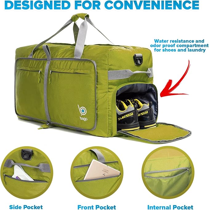 Bago Large Foldable Duffel Bags for Traveling Women & Men - 120L Packable Duffle Bag for Travel with Shoe Compartment - Water Repellant, Heavy Duty, Lightweight Folding & Collapsible (Green)