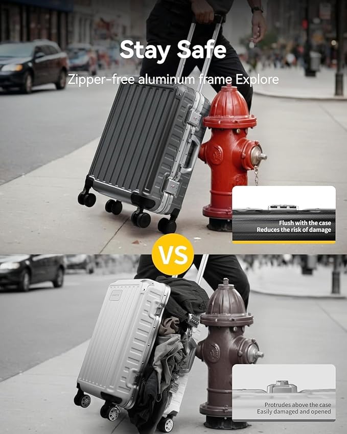 LUGGEX Checked Suitcase with Spinner Wheels, 28 Inch Aluminum Frame Zipperless Polycarbonate Hard Shell Suitcase, Silver