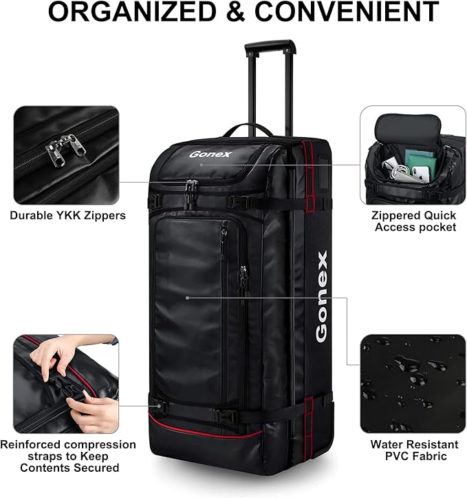 Gonex Rolling Duffle Bag with Wheels, 100L Water Repellent Large Wheeled Travel Duffel Luggage with Rollers 33 inch, Black