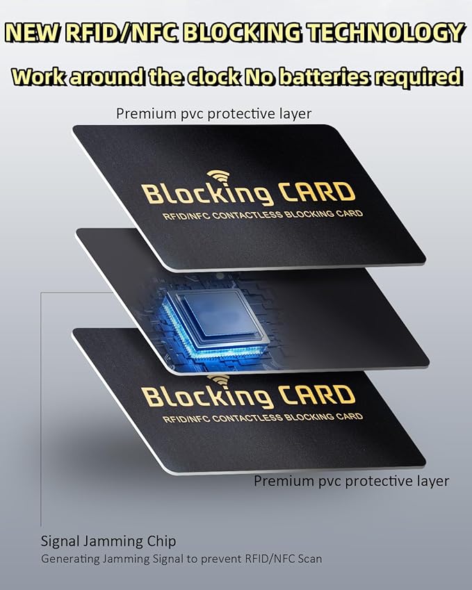 Aigee RFID Blocking Cards 6 Pack, Contactless NFC Debit Credit Card Passport Protector, One Card Protects Entire Wallet for Men and Women, New RFID Blocking Technology No Batteries Required (Black)
