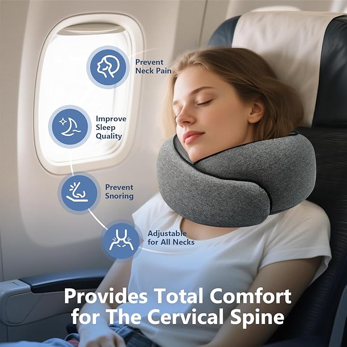 Advanced Memory Foam Neck Travel Pillow, Neck Pillow Airplane with Eye Mask & Ear Plugs, Designed for The Comfort of Travel & Office, Travel Pillow for Plane, Car, Home, Work, Dark Grey