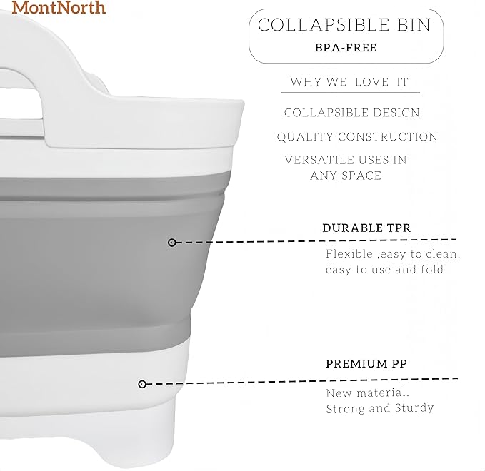 Collapsible Wash Basin 9L, Foldable Dish Tub with Drain Plug, Portable Collapsible Dish Basin, Camping Sink for Washing Dishes, Laundry & Kitchen Use,Gray