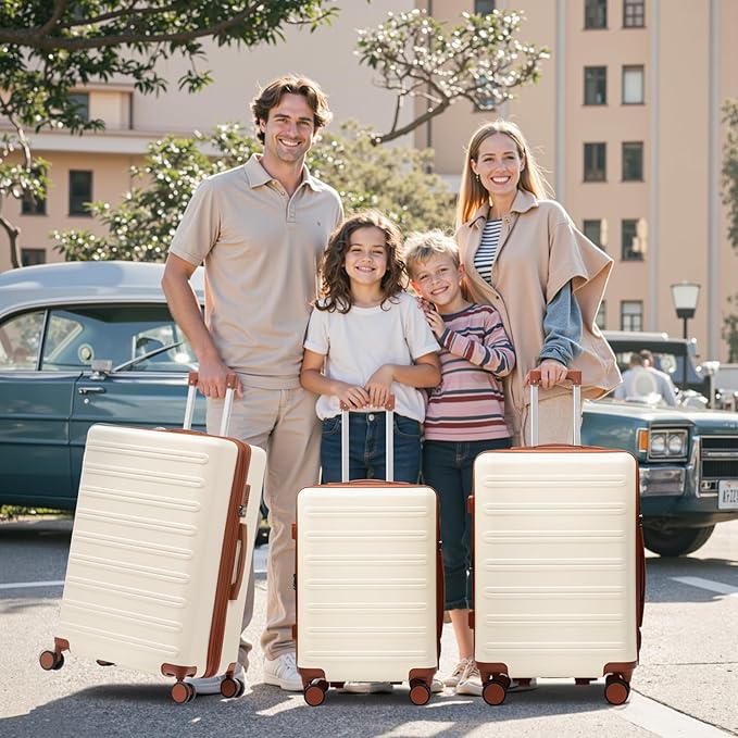 luggage sets 3 Piece with Spinner Wheel,100% PC Material Lightweight Durable,Expandable Carry On Travel Hardside Suitcase sets with TSA Lock for Men and Women (White+brown)