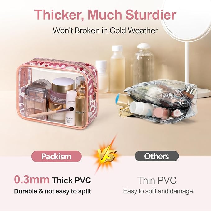 PACKISM TSA Approved Toiletry Bag - Rose Gold Leopard Print Clear Makeup Bag, Suitable for Gifts, with Supporting Frame, Perfect for Travel Essentials, Thick No Smell