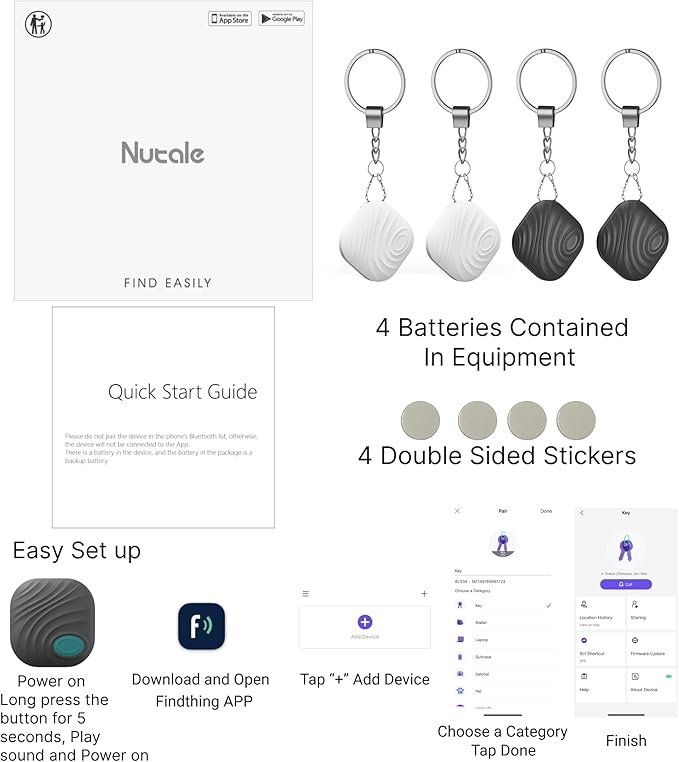 Key Finder, Bluetooth Tracker Item Locator with Key Chain for Keys Pet Wallets or Backpacks, Bluetooth Locator Tags Android and iOS Batteries Include
