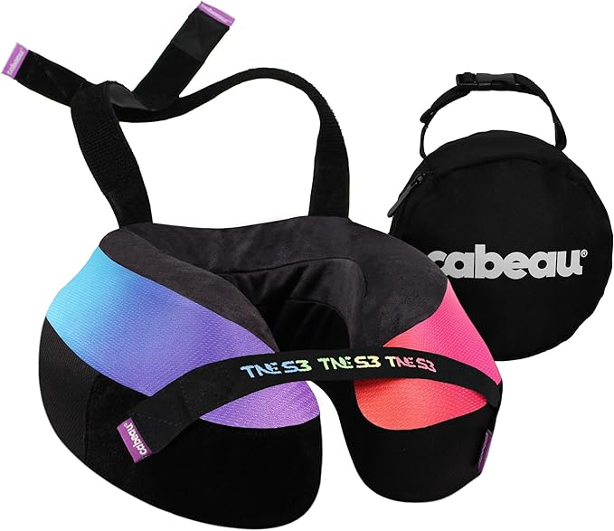 Cabeau Travel Neck Pillow for Airplanes – The Neck’s Evolution, TNE S3 – Supportive Memory Foam Design for Long Haul Flights – Attachable Seat Straps and 360° Support (Amsterdam Rainbow)