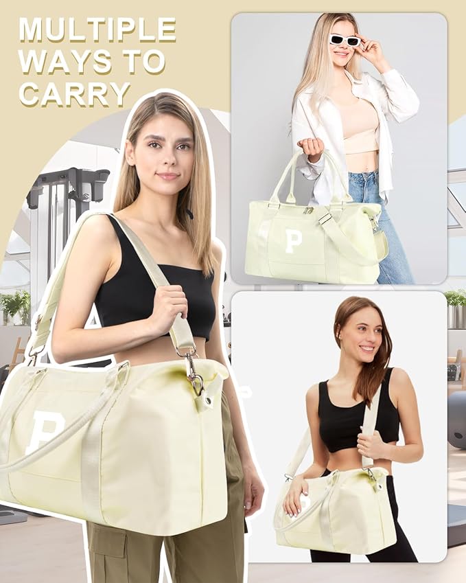 Initial Travel Duffel Bag Sports Gym Bag for Kids Teen Birthday Gifts,Beige Personalized Weekender Bag Carry On Dance Bags for Women Men,Waterproof Monogram Overnight Bag with Trolley Sleeve(Letter P)